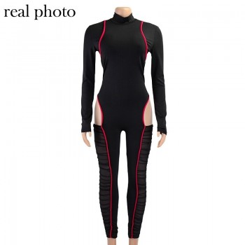 Simenual Mesh Patchwork Ruched Rompers Womens Jumpsuit Mock Neck Long Sleeve Sporty Bodycon Hollow Out Stacked Jumpsuits Workout